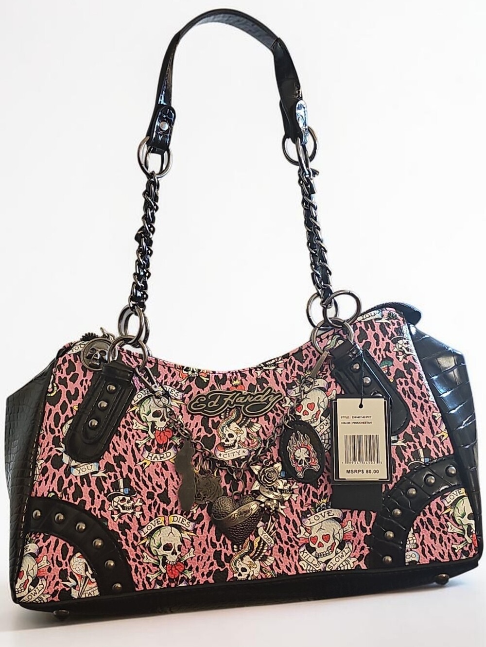Nwt Ed Hardy Pink Leopard Skull & Tattoo Motif Chain Shoulder Bag